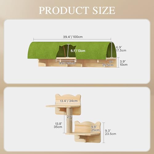Cat Wall Shelves with Tunnel, 7-in-1 Solid Wood Wall Mounted Cat Furniture with Scratching Post, Cave & Steps, Multi-Level Cat Climbing Wall Systems, Space Saving, Floating Cat Shelves - color: Burlywood, size: 7-in-1