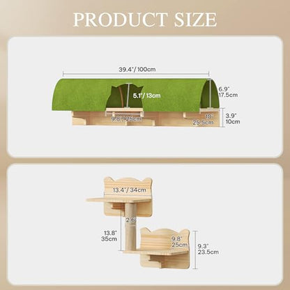 Cat Wall Shelves with Tunnel, 7-in-1 Solid Wood Wall Mounted Cat Furniture with Scratching Post, Cave & Steps, Multi-Level Cat Climbing Wall Systems, Space Saving, Floating Cat Shelves - color: Burlywood, size: 7-in-1