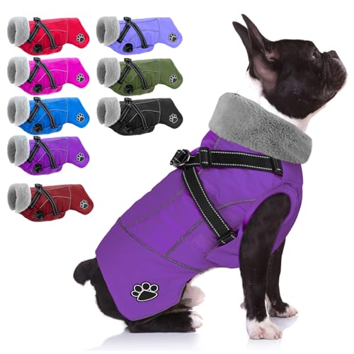 Dog Jacket Waterproof Dog Coat with Harness Built in, Christmas Puppy Winter Coat Reflective Turtleneck Puffer Snow Jackets for Small Medium Large Dogs - color: Purple, size: Medium