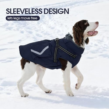 FUAMEY Fleece Lined Dog Coat, Warm Dogs Jacket with Harness, Pop Bag Pockets, Extra Large Doggy Thermal Vest Back Zipper Winter Suit, Snow Cold Weather Outfits, Cocker Spaniel (Dark Blue, 2XL) - color: Navy, size: XX-Large