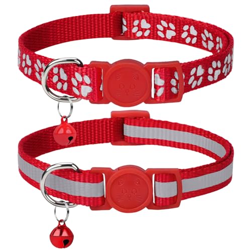 Taglory Reflective Cat Collar Breakaway with Bell, High Visibility Night Strip, Lightweight Adjustable Nylon Collar for Boy Girl Cats, 2 Pack, 7.5-12.5 Inch, Red - color: Red, size: 7.5-12.5"
