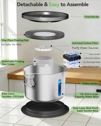 UPSKY 14L No Spill Dog Water Bowl, Stainless Steel Spill Proof Dog Bowl with Water Window, Dual-Suction Anti-Slip Large Capacity Slow Drinking Bowl with Floating Disk for Large Dogs & Messy Drinkers - color: Black
