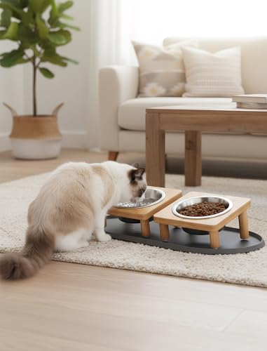 NiHome Elevated Cat Bowls with Food Mat for Indoor Cats, 5 Feeding Positions Raised Cat Bowl Bamboo Stand with 2 Stainless Steel Bowls, Whisker Friendly Dishwasher Safe Pet Food and Water Bowl