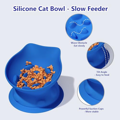 Slow Feed Cat Bowl, Elevated Cat Food Dish with Tilted Design, Dual-Use for Dry and Wet Food, Anti-Vomit, Anti-Choking, Easy to Clean - color: Blue, size: Big