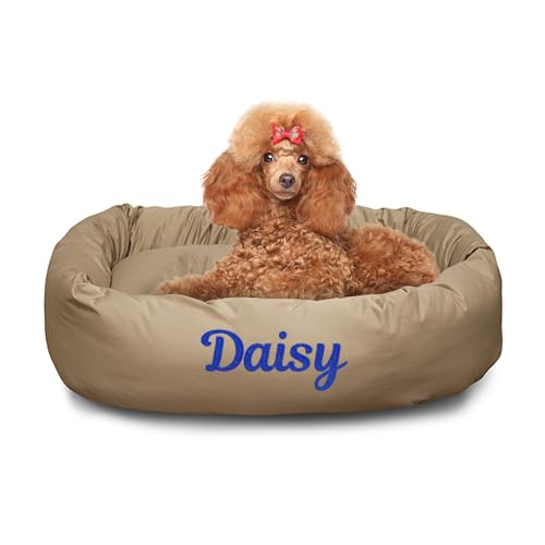 Majestic Pet Personalized Calming Dog Bed - 32 Inch Bagel Washable Cozy Soft Round With Spine Support - Fluffy Donut 32x23x7 (Inch) Medium Khaki - color: Khaki, size: Medium