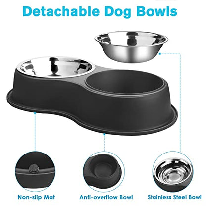 Epetslove Dog Bowls Double Dog Water and Food Bowl Stainless Steel Bowl with Non-Slip Resin Station, Pet Feeder Bowls for Puppy Medium Dogs Cats - color: 1.Black, size: Medium-18oz