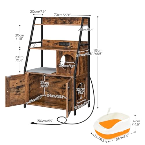 HOOBRO Litter Box Enclosure with 2 Storage Shelves, Tall Litter Box Furniture Hidden with Charging Station, Indoor Hidden Litter Box Furniture with Plush Mat, Rustic Brown and Black BF70UMW01 - color: Rustic Brown + Black