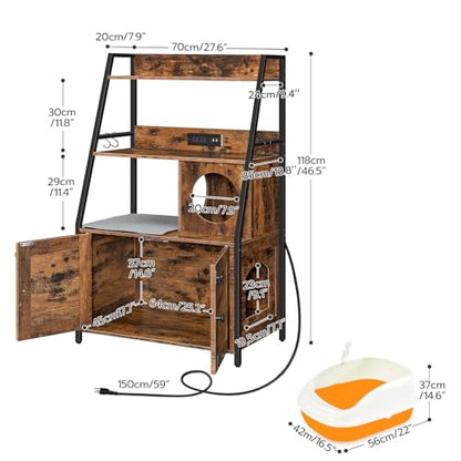 HOOBRO Litter Box Enclosure with 2 Storage Shelves, Tall Litter Box Furniture Hidden with Charging Station, Indoor Hidden Litter Box Furniture with Plush Mat, Rustic Brown and Black BF70UMW01 - color: Rustic Brown + Black