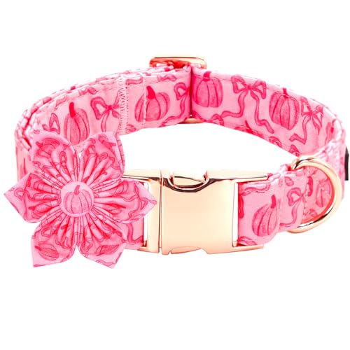 Dog Collar, Pink Pumpkin Print Adjustable Pet Collar Cute Cotton Soft Collars with Flower Fall Metal Buckle Holiday Puppy Collars Boy&Girl Gift for X-Small Dogs - color: B:Pink Pumpkin, size: X-Small (Pack of 1)