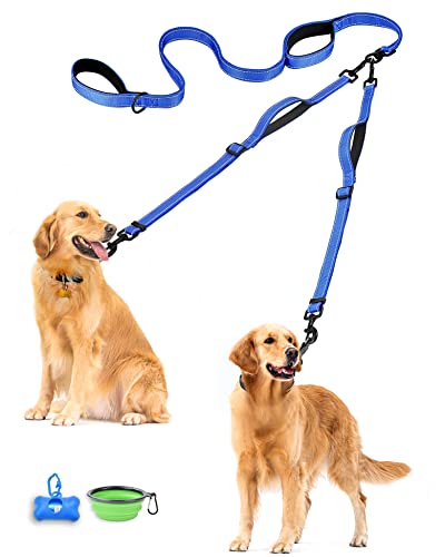 Double Dog Leash, No Tangle Dual Leash, Reflective Walking Training Lead, 4 Comfortable Padded Handles for 2 Dogs with Collapsible Bowl and Waste Bags (Blue, Large) - color: Blue