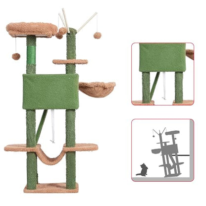 Hey-brother Cat Tree, 53 inch Cat Tower for Indoor Cats, Cat House with Padded Platform Bed, Toy Balls, Large Cozy Condo, Hammocks and Sisal Scratching Posts, Cactus MPJ019SCA - color: Cactus