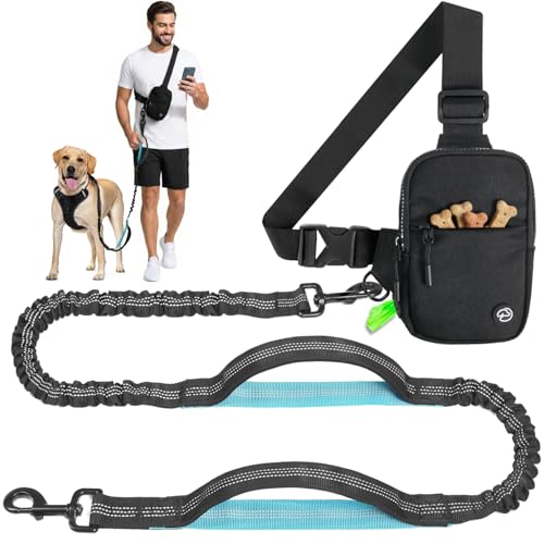 Hands Free Crossbody Dog Leash Bag with Built-in Poop Bag Dispenser & Storage, Dual Bungee Shock-Absorbing Leash with Dual Handles for Small, Medium, Large Dogs Walking or Training (Black) - color: Black