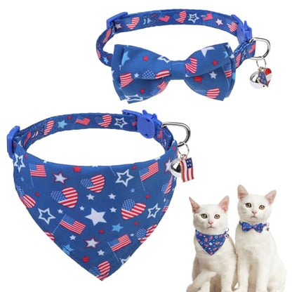 SCENEREAL Independence Cat Collar with Bells, 2 Pack Breakaway Cat Collars with Removable Bowtie Bandana, Adjustable Cute Kitten Collar for Pet Small Dogs Boys Girls - color: Bandanas & Bow (Independence Day - Dark Blue)