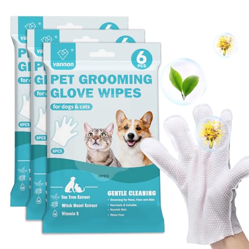Vannon Extra Thick Pet Bathing Wipes for Dogs & Cats, Cleaning & Odor-Controlling Grooming Gloves, Nourish Fur Glove Wipes for Daily Care and Traveling, Rinse Free, Unscented, 3 Pack, 18 PCS - size: 3pack