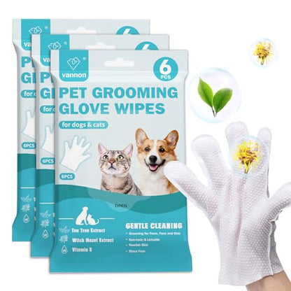 Vannon Extra Thick Pet Bathing Wipes for Dogs & Cats, Cleaning & Odor-Controlling Grooming Gloves, Nourish Fur Glove Wipes for Daily Care and Traveling, Rinse Free, Unscented, 3 Pack, 18 PCS - size: 3pack