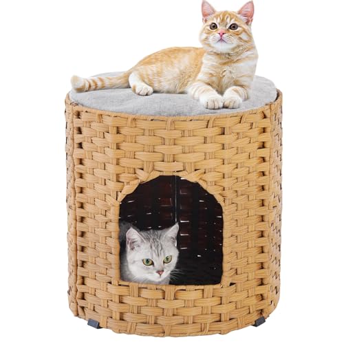 SETVSON Cat House for Indoor Cat, Large Double Cat Houses Cat Bed Cave, Handwoven Rattan Pet Beds with One Soft Pad, 17 x 17 x 17 Inches Foldable Kitten Hideaway in Living Room Natural - color: Natural, size: Round-XL