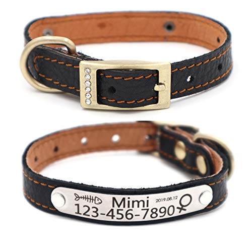 Personalized Leather Cat Collar,Custom with Name Plate and Bell for Boy and Girl Kitten/Cat(XXS,Black) - color: Black, size: XXS