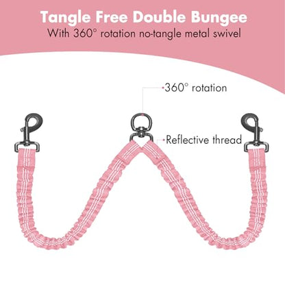 BAOBOTE Pet Double Dog Leash, Shock Absorbing Reflective Bungee Lead Walk 2 Dogs with Ease, 360° Swivel No Tangle Double Dog Walking & Training Leash, Dual Dog Leashs for 6-120lbs Dogs (Pink) - color: Pink