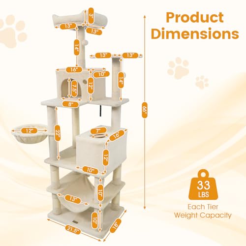 PETSITE 66 Inches Tall Cat Tree, Multi-Level Cat Tower with Sisal Scratching Posts, Side Basket, 2 Comfy Condos, Hammock, Soft Padded Top Perch, and Hanging Balls, Ideal for Indoor Cats (Beige) - color: Beige