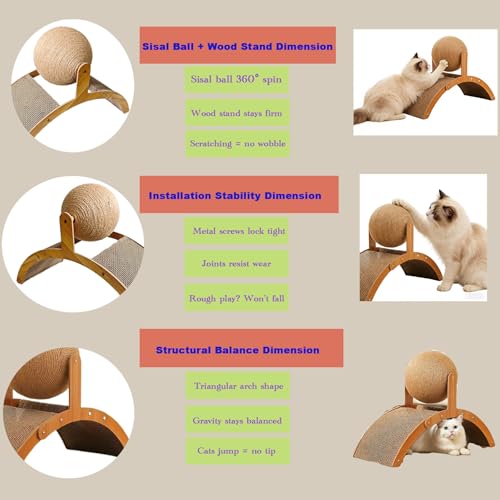 Cat Scratcher with Sisal Ball & Tunnel Toy, Dual-Surface Furniture Protector for Cats, Chinchillas, Hamsters, Rabbits - Stable Wide-Base Arch Design(Not for Large Cats)