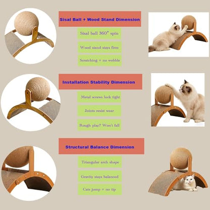 Cat Scratcher with Sisal Ball & Tunnel Toy, Dual-Surface Furniture Protector for Cats, Chinchillas, Hamsters, Rabbits - Stable Wide-Base Arch Design(Not for Large Cats)
