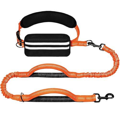 Hands Free Dog Leash with Zipper Pouch, Running Waist Leash for Dog Walking, Adjustable Waist Belt for Large Dogs, Reflective Bungee Design with Two Handle for Hiking, Training, Orange - color: Orange