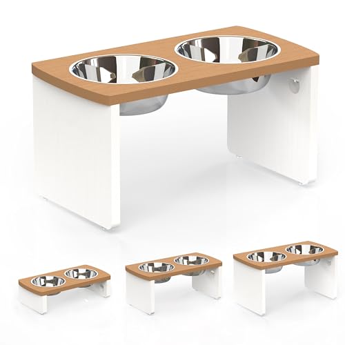 Elevated Dog Bowls, Waterproof Raised Dog Bowl for Medium & Large Dogs, HIPS Poly Lumber Stand with 2 Stainless Steel Bowls, Indoor & Outdoor Use (10'' Tall–48 oz Bowl, Teak-White) - color: Teak - White, size: Large: 10'' Tall-48oz Bowl