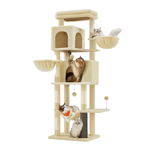 Feandrea Cat Tree, 69-Inch Tall Cat Tower, Multi-Level Plush Condo with 2 Caves, 2 Baskets, 5 Scratching Posts, Self-Groomer, Perch, Hammock, Sand Beige UPCT182Y01 - color: Sand Beige