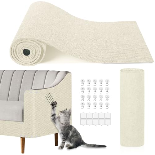 Cat Scratching Mat, 118.5"x15.9" Trimmable Self-Adhesive Cat Scratch Carpet,Couch Protector from Cats Claw, Furniture Corner Protectors for Cats,Indoor Furniture Protection for Chair,Wall,Sofa(White) - color: White