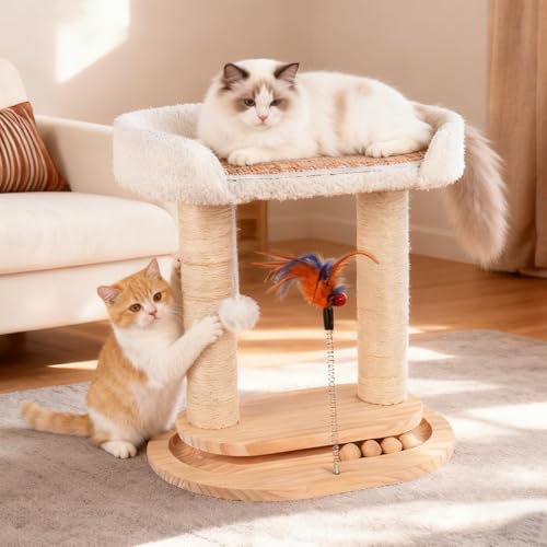 5-in-1 Small Wooden Cat Tree Tower,16.5''H Natural Sisal Cat Scratching Post Climbing Tower with Bed,Interactive Cat Feather Toy,Ball Track Toy for Kittens and Indoor Cats,White - style: Double-layer