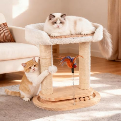 5-in-1 Small Wooden Cat Tree Tower,16.5''H Natural Sisal Cat Scratching Post Climbing Tower with Bed,Interactive Cat Feather Toy,Ball Track Toy for Kittens and Indoor Cats,White - style: Double-layer