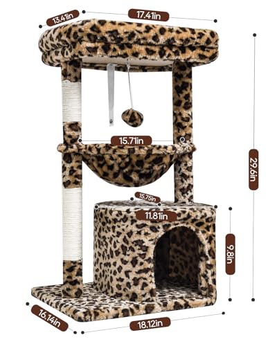 SYANDLVY Small Leopard Print Cat Tree for Indoor Cats, Cat Tower with Scratching Post, Modern Cat House with Padded Perch, Kittens Condo with Cradle, Cat Cave - color: Leopard Print