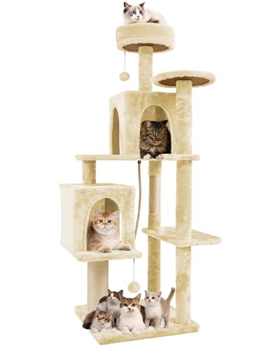 58.5inch Large Cat Tree Tower Condo for Indoor Cats, Soft Plush Multi-Level Climbing Tree Cat House, Scratching Post, More Entrance/Exit, Sisal Rope, Beige Almond - color: Beige Almond