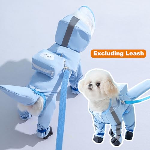 Junchl Small Dog Raincoat Rainboots with D-Ring, Full Coverage Dog Rain Jacket Slicker Poncho, Waterproof Dog Rain Jacket with Reflective Strip, Rainboot, Tail Cover Blue Backpack XS - color: Blue Backpack, size: XS:Back 8"(1-2lb)