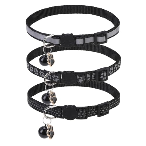 BINGPET Reflective Cat Collar Breakaway with Bells,3 Pack Kitten Collar for Girl Boy Cats with Cute Pendant Glow in The Dark,Adjustable 8''-11.8'',Black - color: Reflective(Black)-3pcs