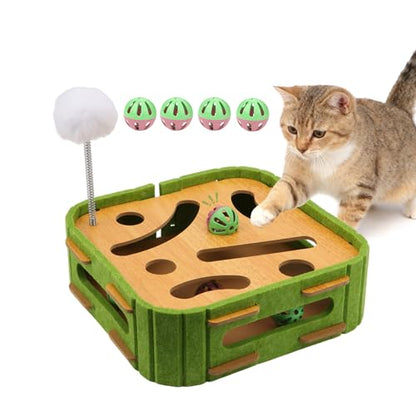 Interactive Cat Scratch Puzzle Box Wooden Enrichment Toy Intelligence Treat Kitten Maze Puzzle Toy with Jingle Balls and Wands Mental Stimulation Games for Bored Indoor Cats