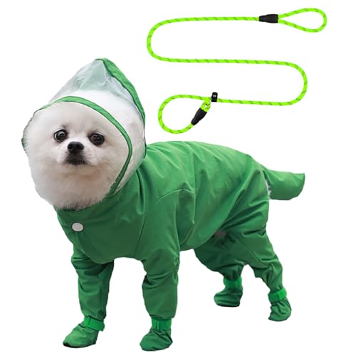 Dog Raincoat with Hood, Waterproof Full-Coverage Reflective Rain Jacket with Leash Quick-Drying Rain Poncho and Shoes for Small Medium Large Dogs,Green,L - color: Green-with Leash, size: L（Back Length 12''）