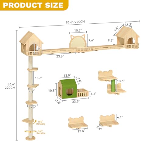 YITAHOME Cat Wall Shelves with Scratching Post, Cat Tower with Solid Wood Wall Shelves, Multi-Level Cat Climbing Furniture with Hideout & Runway - size: 21 pieces