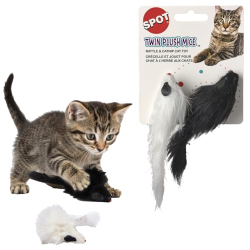 SPOT Twin Plush Mice Cat Toy- Rattle and Catnip Toy for Indoor Cats and Kittens - Classic Toy for Batting and Chasing Around - Fun Entertainment for Hours - 4.5in, 2pcs - size: 4.5 in