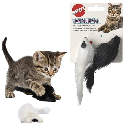 SPOT Twin Plush Mice Cat Toy- Rattle and Catnip Toy for Indoor Cats and Kittens - Classic Toy for Batting and Chasing Around - Fun Entertainment for Hours - 4.5in, 2pcs - size: 4.5 in