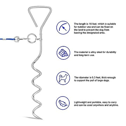 Relux Dog Tie Out Cable and Stake,16 Inch Heavy Duty Dog Anchor Spiral Stake for Small to Medium Dogs (Blue-16FT 2Pack) - color: Blue-16FT 2Pack