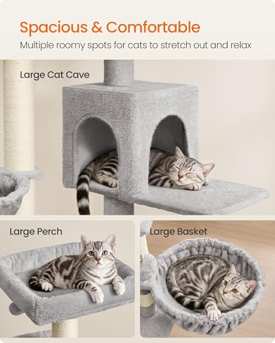 Feandrea Cat Tree, 68.5-Inch Tall Cat Tower, Multi-Level Plush Condo with Large Perch, Scratching Posts, Double Caves, Dove Gray UPCT006G01 - color: Dove Gray