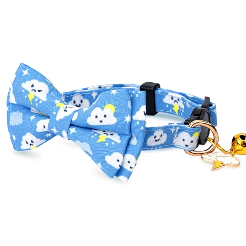 2 Pack Cotton Cat Collar with Bow Tie and Bell for Girl Boy Cats,Cute Pink Flamingo and Blue Whale Pattern Spring Summer Breakaway Cat Collar for Male Female Cats (Moon&Cloud) - color: Moon&Cloud