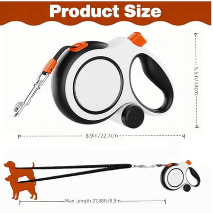 Dual Retractable Dog Leash 2 Large Dogs (Up to 110 Lbs Each), 2 Headed Pet Leash with Poop Bags, 26ft/8m Extension, Non-Slip Grip, One-Button Break & Lock, 360-degree Tangle-Free (White, Extra Large) - color: White, size: Extra Large