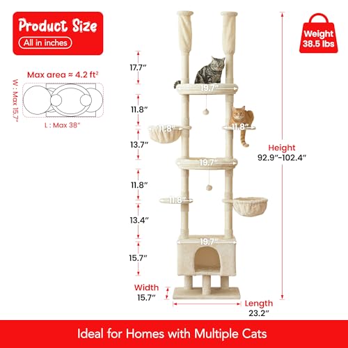 Cat Tree, Floor to Ceiling Cat Tower Adjustable Height [92.9-102.4 in=235-258cm], 7 Tiers Cat Climbing Play House with Scratching Post, Cozy Condo & Hammocks for Indoor Cats, Beige - color: Beige