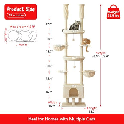 Cat Tree, Floor to Ceiling Cat Tower Adjustable Height [92.9-102.4 in=235-258cm], 7 Tiers Cat Climbing Play House with Scratching Post, Cozy Condo & Hammocks for Indoor Cats, Beige - color: Beige