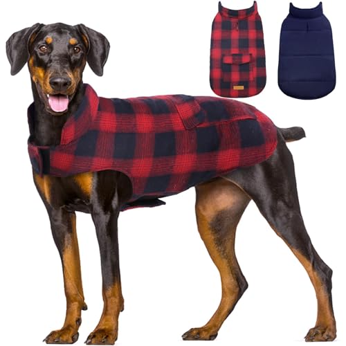 Kuoser Reversible Dog Jacket, Warm Winter Coat for Large Dogs, Warm Windproof Pet Cold Weather Clothes, Red XXL - color: Red+Blue, size: Xxl (Chest Girth: 29.5-35.4")