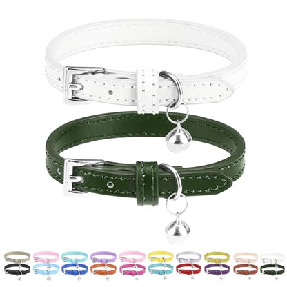 PUPTECK 2 PCS Soft Genuine Leather Cat Kitten Collar with Bells Adjustable for Girl Boy Cats Puppy - White, Deep Green - color: White & Deep Green
