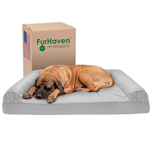 Furhaven Cooling Gel Dog Bed for Large Dogs w/ Removable Bolsters & Washable Cover, For Dogs Up to 125 lbs - Quilted Sofa - Silver Gray, Jumbo Plus/XXL - color: Silver Gray, size: Jumbo Plus