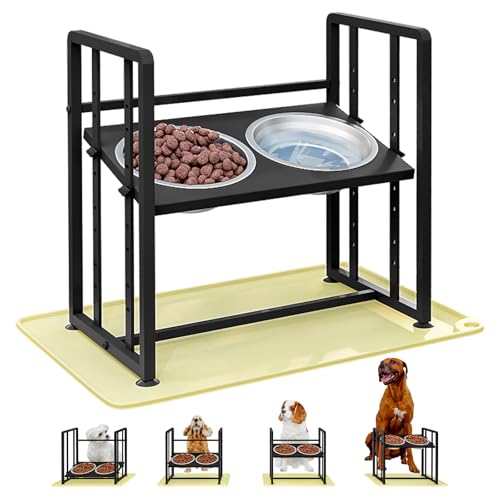 Elevated Dog Bowls 4 Height Adjustable Metal Pet Food Feeder Stand with 2 Stainless Steel Bowl Raised Dogs Feeding Station with Non-Slip Mats Black (Black, with Feeding Mat) - color: Black+Yellow-B, size: 17.91x11.02x17.05in